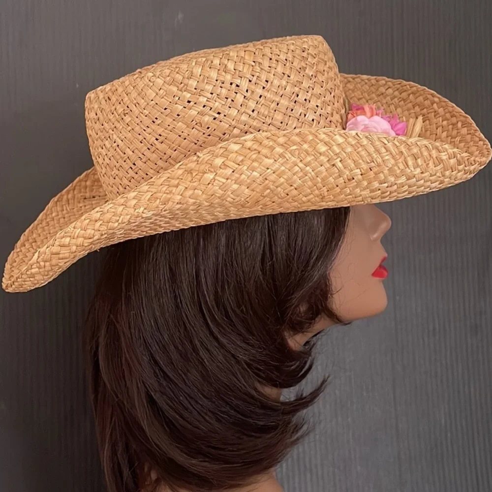 Natural Straw Western Brim Hat with Flowers